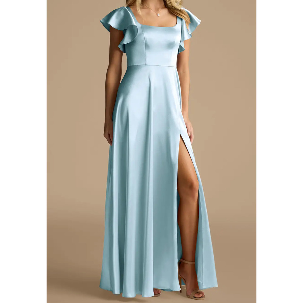 Azazie Dress Women's 8 Bondi Sky Blue A-Line Bow Metallic Satin Dress Bridesmaid